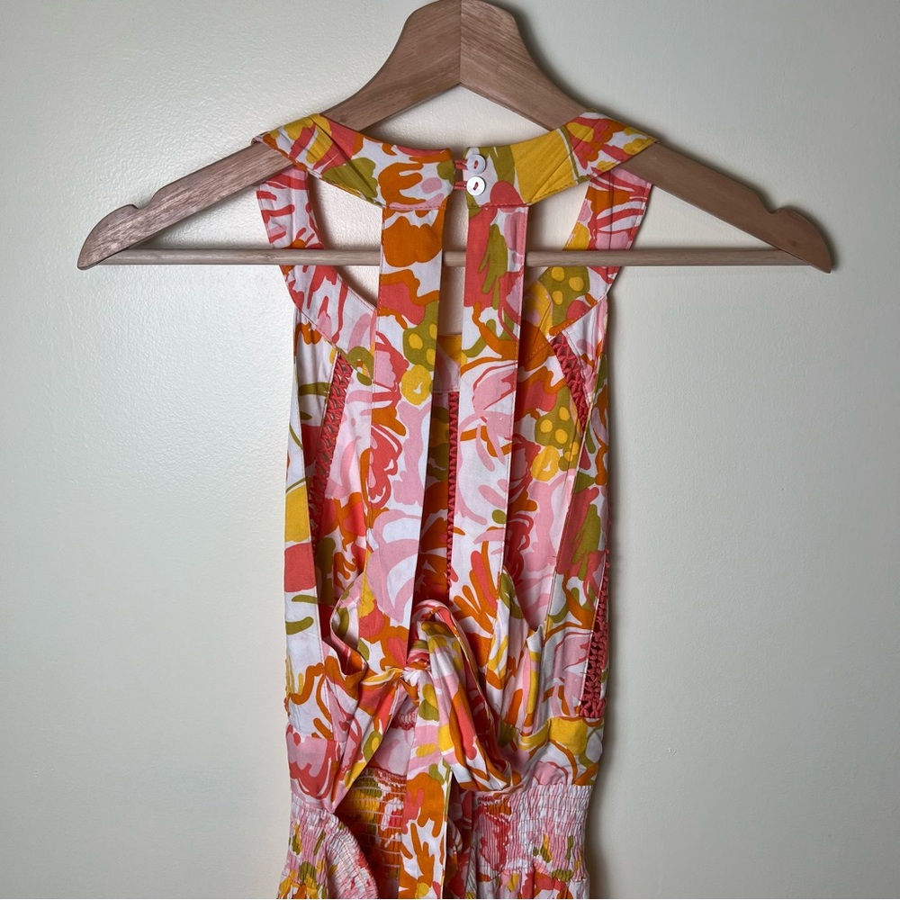 Abel The Label Anthropologie Smocked Waist Floral Halter Maxi Dress Orange Large - Picture 6 of 10